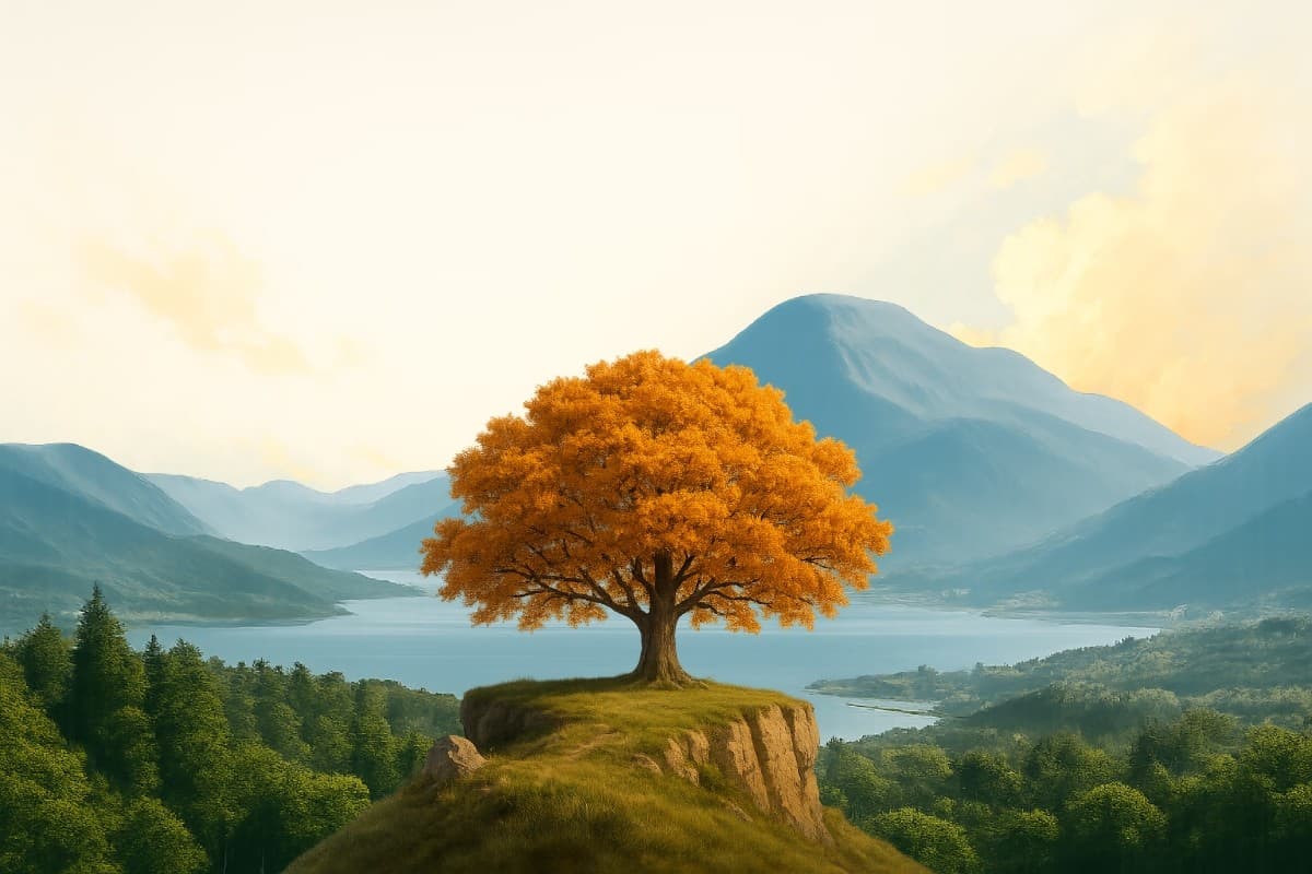 Dramatic landscape with orange tree
