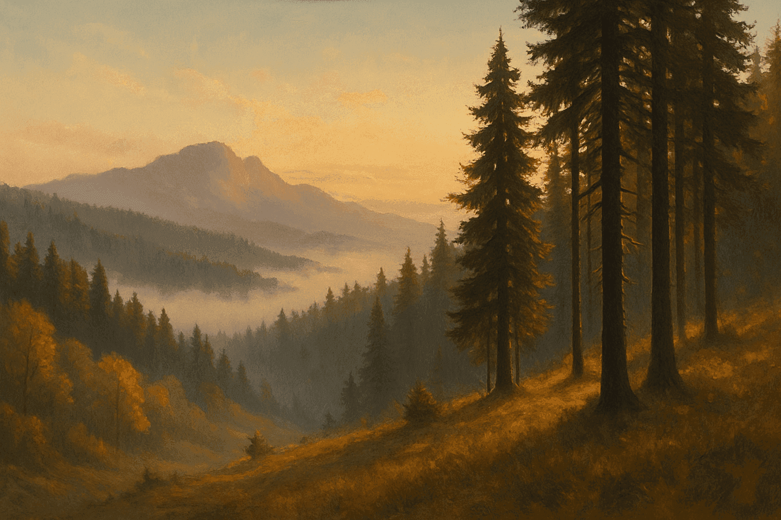 Scenic forest at sunset